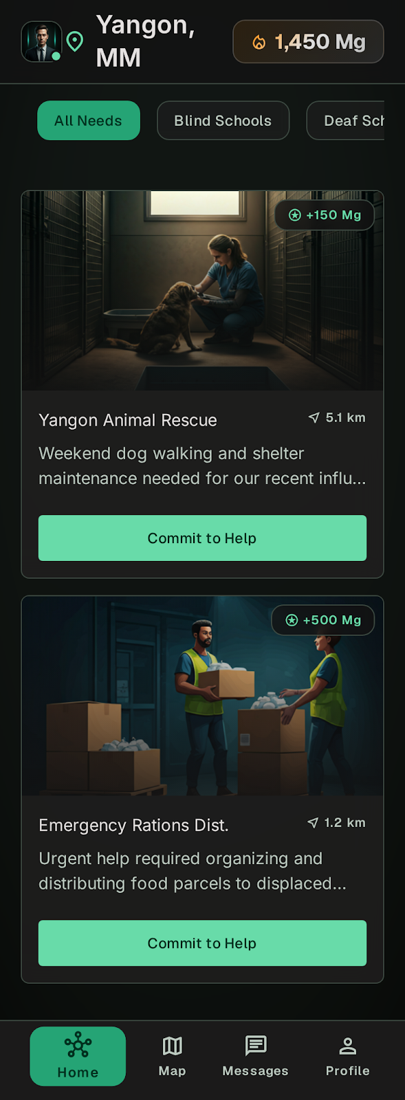 Haven interface concept with illustrative local volunteering opportunities